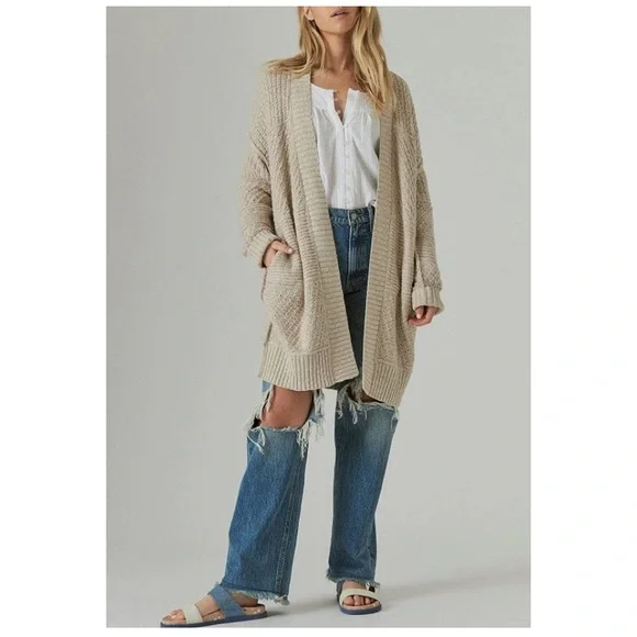 Cardigan Long Sleeve Open Front Chunky Sweater Outerwear with Pockets Apricot - Picture 2 of 5